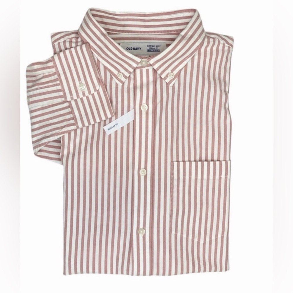 Old Navy Everyday Shirt XL Pink White Stripe Button Down Built-In Flex NWT